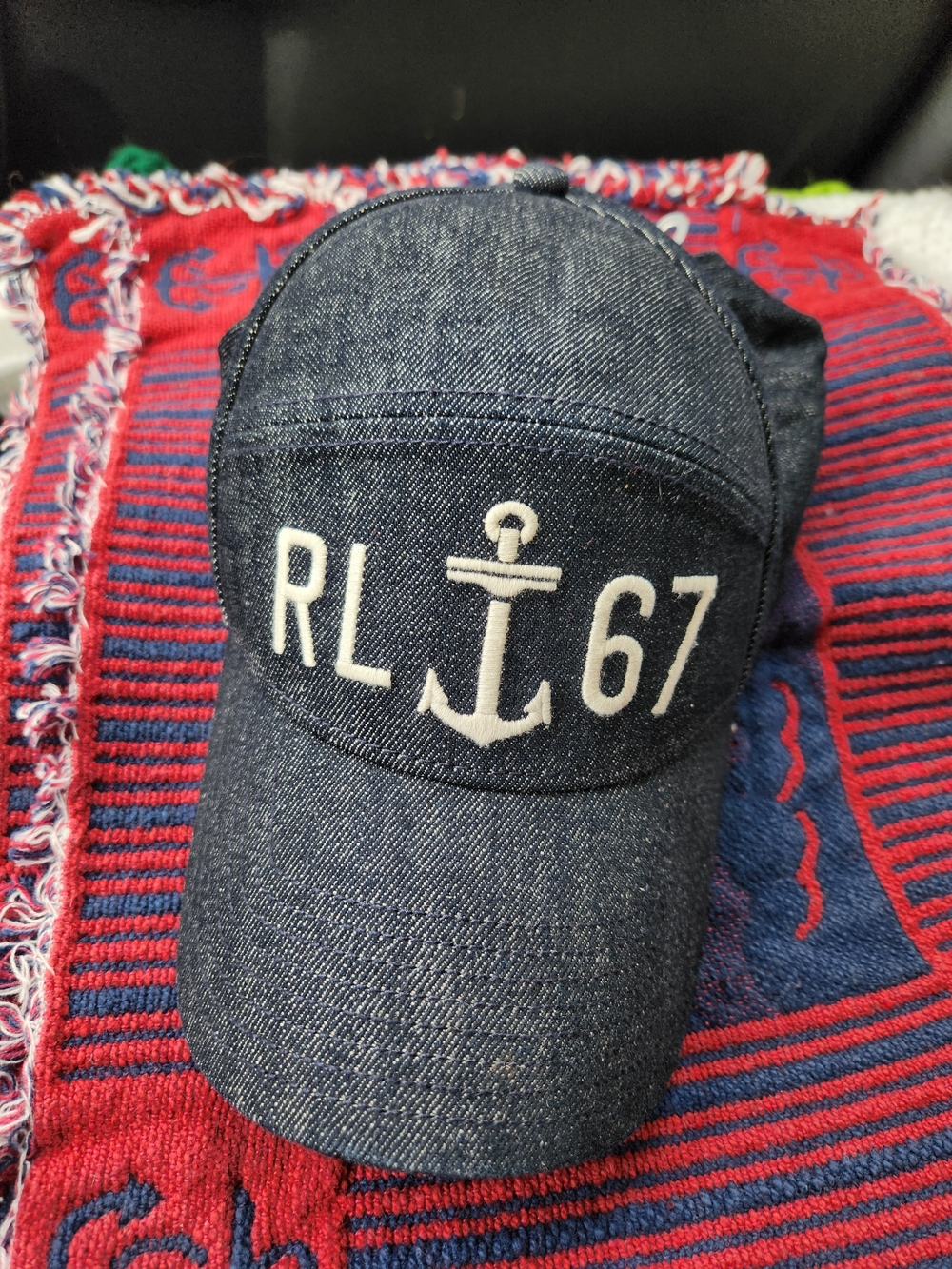 Polo by Ralph Lauren Navy Denim Cap with White Anchor & 67 Embroidery